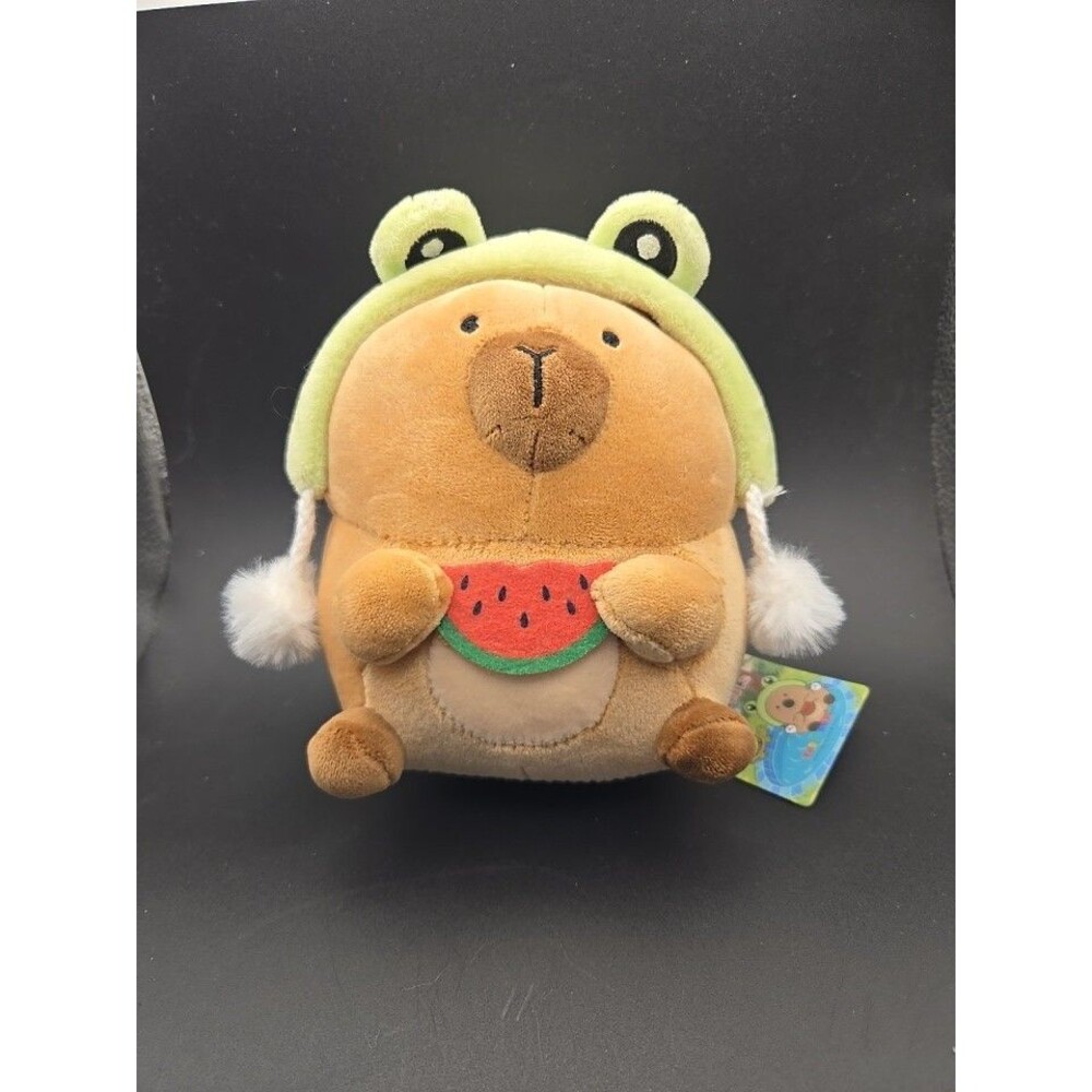 Cute Capybara Plush with Frog Hat eating Watermelon Slice chonky Stuffed Animal